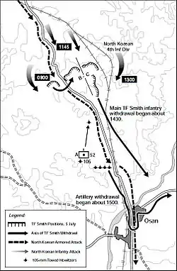 Map of a group of US positions on two hills north of a town, with movements of large Chinese forces moving south and enveloping them