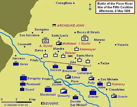 Battle of Piave River showing 8 May 1809 afternoon positions