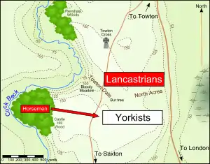 The two forces face each other across a dale. A small patch of woods stand to their west. A river flows around the battlefield from the west to the north.