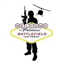 The logo shows a soldier in the foreground holding a firearm behind a "Welcome to Fabulous Battlefield Las Vegas" sign in red, white, and blue colors. A helicopter is above the soldier in the background.