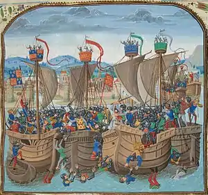 A depiction of medieval naval combat from Jean Froissart's Chronicles, 14th century