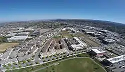 Looking south over Bay Meadows II from above the community park