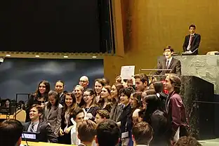 English: Beacon's Model UN team accepts the Best Delegation Award at GCIMUN 2016 in the General Assembly hall at the UN Headquarters, New York City.