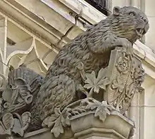 Stone sculpture of a beaver over an entrance to the Parliament Building of Canada