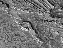 Becquerel Crater layers. Click on image to see fault. Location is Oxia Palus quadrangle.