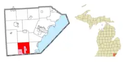 Location within Monroe County and the administered CDPs of Lambertville (1) and Temperance (2)