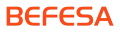 Befesa-Logo, Firmenname in orangefarbenen Buchstaben auf weißem Grund