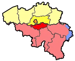 Image 5Map showing the division of Brabant into Flemish Brabant (yellow), Walloon Brabant (red) and the Brussels-Capital Region (orange) in 1995 (from History of Belgium)