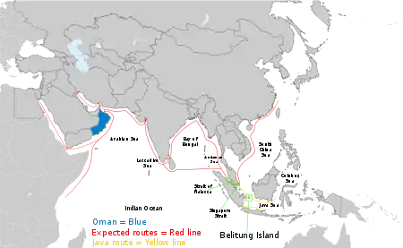 Map of the Middle East, North East Africa, and Asia with red lines from China past Vietnam, round India, into Oman and past it to North Africa