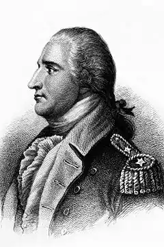 A black-and-white print of a head-and-shoulders portrait.  Arnold faces left, with his light-colored hair tied back.  He is wearing a dark military jacket with light-colored lapels, and the ruffles of his shirt are visible.  The jacket has epaulets decorated with two stars.