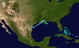 Track of a disorganized tropical storm tracking across Louisiana and Texas.