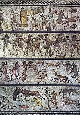 Image 8The Zliten mosaic, from a dining room in present-day Libya, depicts a series of arena scenes: from top, musicians; gladiators; beast fighters; and convicts condemned to the beasts (from Roman Empire)