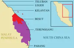 Part of the northeast of Malay Peninsula in 1890, with the location of the Besut in Red, Terengganu in Purple and other neighbouring coastal Malay kingdoms in light brown.