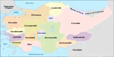 An anachronistic map of the Anatolian beyliks in around 1330