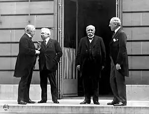 "The Big Four" during the Paris Peace Conference (from left to right, Lloyd George, Vittorio Emanuele Orlando, Georges Clemenceau, Woodrow Wilson)