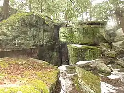 Bilger's Rocks showing rock outcrop and snow