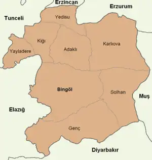 Map showing Karlıova District in Bingöl Province