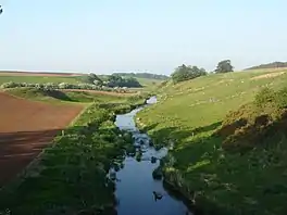 A narrow river weaving between green fields