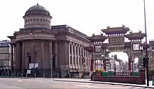 Great George Street Congregational Church(1841; Grade II), nicknamed The Blackie, by City Architect Joseph Franklin,and Chinese Arch (2000) – the largest outside of China