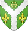 Arms of the town of Saint-Wandrille-Rançon:Vert, a pall wavy Argent accompanied in chief by one mill wheel Or and flanked by two fleurs-de-lys of the same.