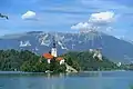 Bled Island with the church (left) and Bled Castle (right)