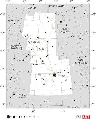 Diagram showing star positions and boundaries of the Boötes constellation and its surroundings