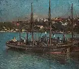 Boats moored in a continental harbour (c. 1923)