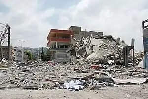 Image 13A building in Ghazieh, near Sidon, bombed by the Israeli Air Force (IAF), 20 July 2006 (from History of Lebanon)