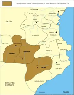 The county of Ausona at the start, united with the other counties of Borrell (in brown).