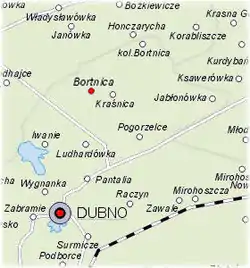 Bortnytsia (Bortnica) on the map of Soviet occupied Second Polish Republic (now Ukraine) before the massacres of Poles between 1942-1945