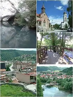 Top left: Krvsnica Valley in Una Forest Park; top right: Temple of the Nativity of the Holy Virgin (left) and City Mosque; middle right: footbridge in Ade River; bottom left: panorama view from fortress of Bosanska Krupa; bottom right: city view, watermills in Una River