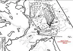 A 1945 map of the mine fields protecting Boston Harbor during World War II, showing mine groups controlled from Fort Warren on Georges Island