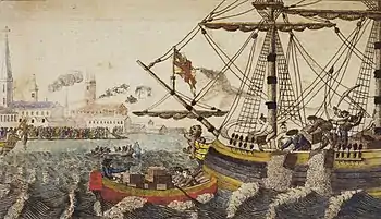 Image 50In 1773, a group of angered Bostonian citizens threw a shipment of tea by the East India Company into Boston Harbor in protest of the Tea Act, an event known as the Boston Tea Party that escalated the American Revolution. (from Boston)