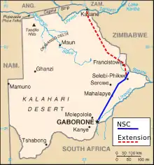 Botswana showing the NSC route, and proposed extension from the Zambezi