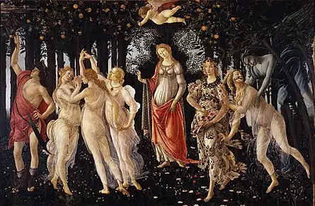 Primavera; by Sandro Botticelli; c. 1478; tempera on panel; 2 x 3.1 m; Uffizi Gallery (Florence)