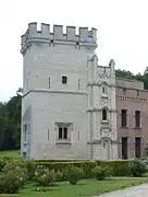 The Donjon Tower of Bouchout Castle, 20 m (66 ft) in height and strong walls 1 m (3.3 ft) thick. It was built c. 1300 by knight Daniel van Bouchout