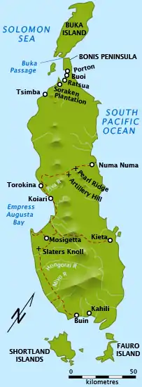 A map showing key locations on Bougainville