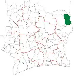 Location in Ivory Coast. Bouna Department has had these boundaries since 2011.