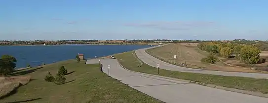 Branched Oak Lake dam, seen from the south