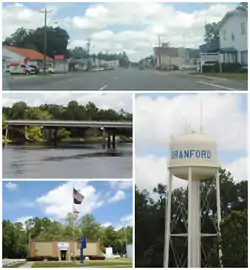 Top, left to right: Downtown Branford, Suwannee River, Branford Town Hall, Branford water tower