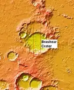 Wide view of Brashear (Martian Crater) near other craters, as seen by MOLA in which elevations are indicated by different colors.