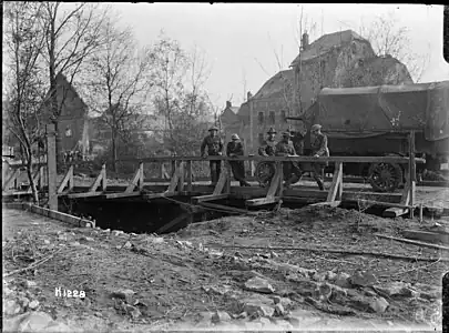 H1228. Bridge built by B Company, Maori Pioneer Battalion, over the St George River, Pont-a-Pierre, France, October–November 1918. Photo: Henry Armytage Sanders