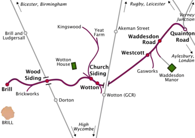 Map of a railway line running roughly southwest to northeast. Long sidings run off the railway line at various places. Two other north-south railway lines cross the line, but do not connect with it. At the northeastern terminus of the line, marked "Quainton Road", the line meets three other lines running to Rugby & Leicester, Verney Junction, and Aylesbury & London respectively. The southwestern terminus, marked "Brill", is some distance north of the town of Brill, which is the only town on the map. A station on one of the other lines, marked "Brill and Ludgersall", is even further from the town of Brill.