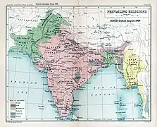 A map of the prevailing religions of the British Indian empire based on district-wise majorities based on the Indian census of 1909, and published in the Imperial Gazetteer of India.  The partition of the Punjab and Bengal was based on such majorities.