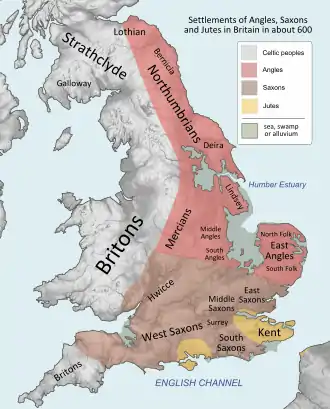 Image 65Kingdoms and tribes in Britain, c. AD 600 (from History of England)