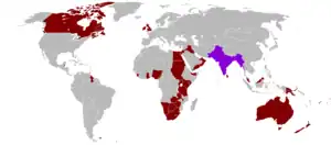 Image 29The British Empire is red on the map, at its territorial zenith in the late 1910s and early 1920s. (India highlighted in purple.) South Africa, bottom centre, lies between both halves of the Empire. (from History of South Africa)