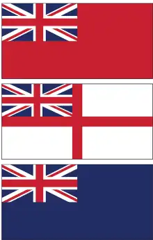 Three flags, all with the flag of the United Kingdom in the top-left corner. The top is solid red, the middle is white with a red cross extending all the way across it, and the bottom is solid blue.