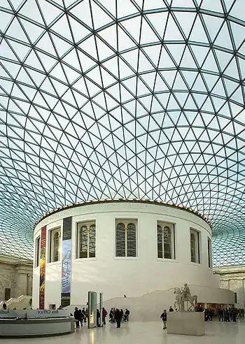 The Reading Room and Great Court roof as viewed from ground level.