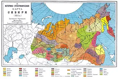 Image 15An ethnographic map of 16th-century Siberia, made in the Russian Empire period, between 1890 and 1907 (from Indigenous peoples of Siberia)