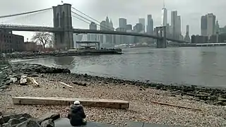 View towards Manhattan from the northern end of Brooklyn Bridge Park.  Jane's Carousel is just below the bridge.